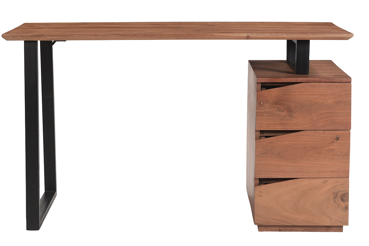 Bureau avec rangements 3 tiroirs industriel bois massif et m�tal noir L130 cm HORACE