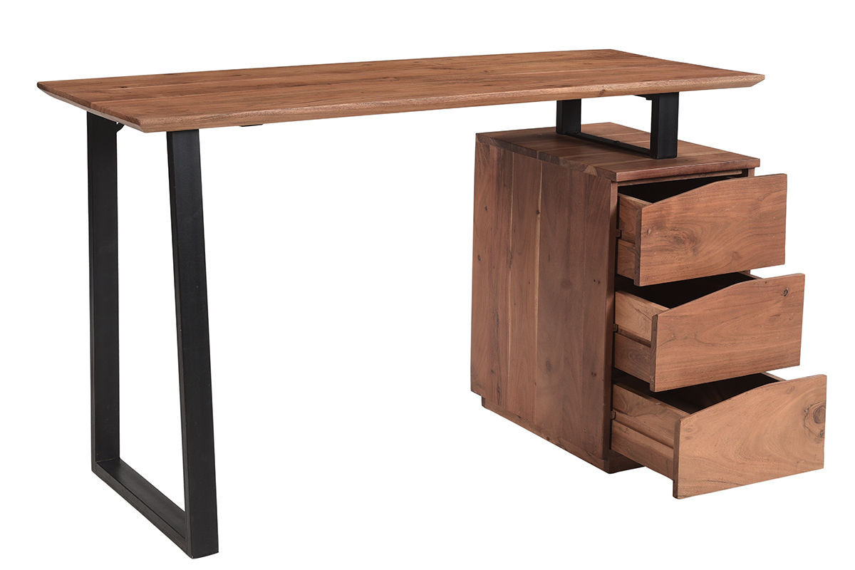 Bureau avec rangements 3 tiroirs industriel bois massif et m�tal noir L130 cm HORACE