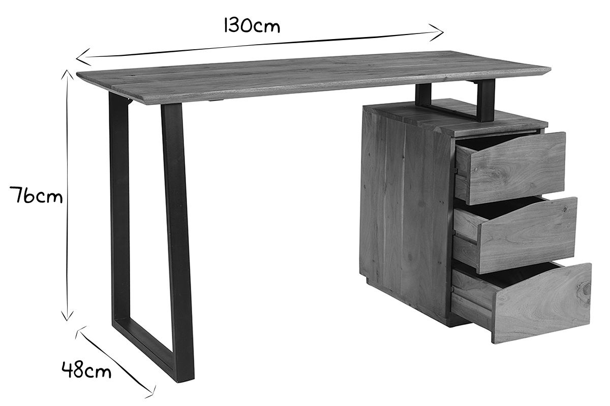 Bureau avec rangements 3 tiroirs industriel bois massif et m�tal noir L130 cm HORACE