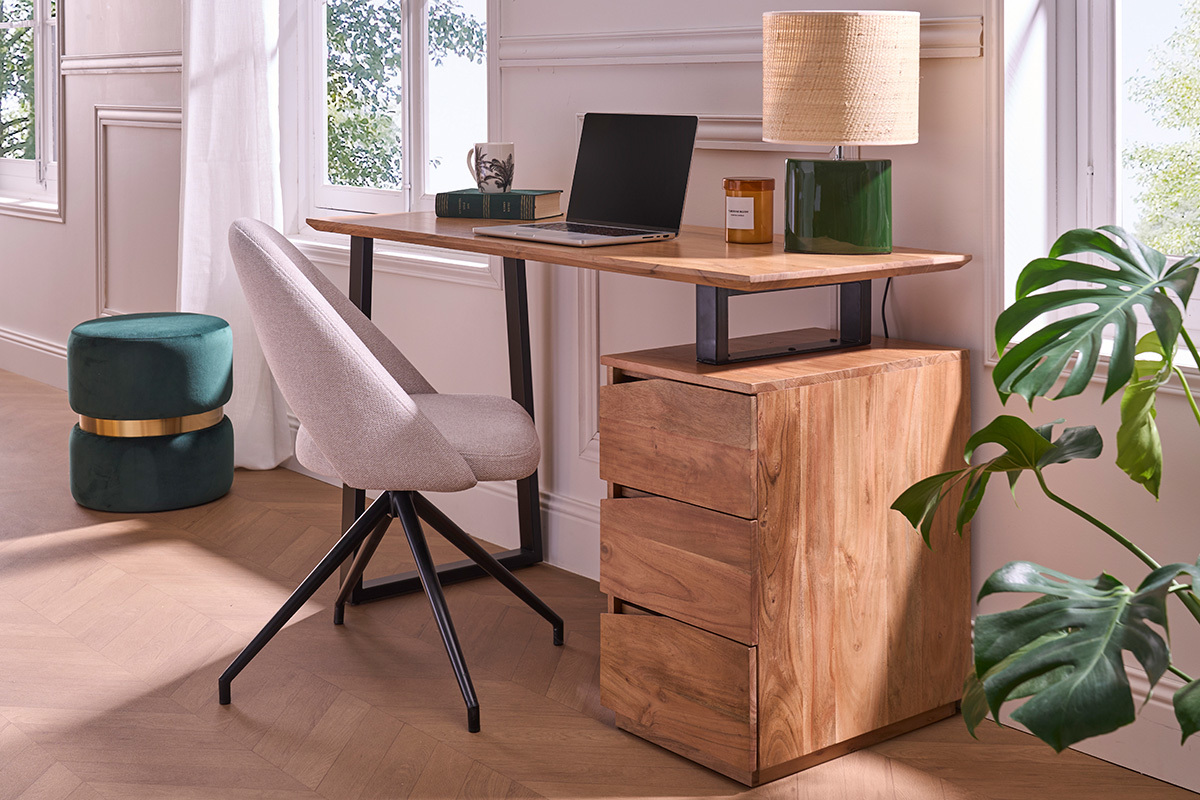 Bureau avec rangements 3 tiroirs industriel bois massif et m�tal noir L130 cm HORACE
