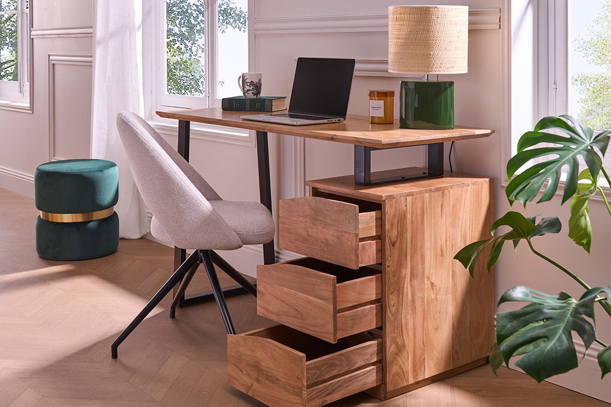 Bureau avec rangements 3 tiroirs industriel bois massif et m�tal noir L130 cm HORACE