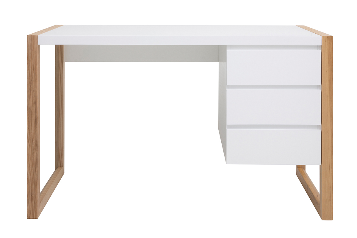 Bureau avec rangements 3 tiroirs scandinave blanc mat et bois clair fr�ne massif L130 cm ARMEL