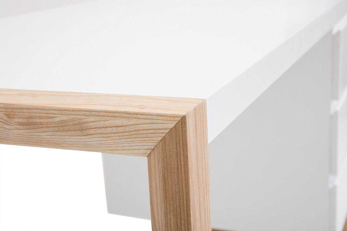 Bureau avec rangements 3 tiroirs scandinave blanc mat et bois clair fr�ne massif L130 cm ARMEL
