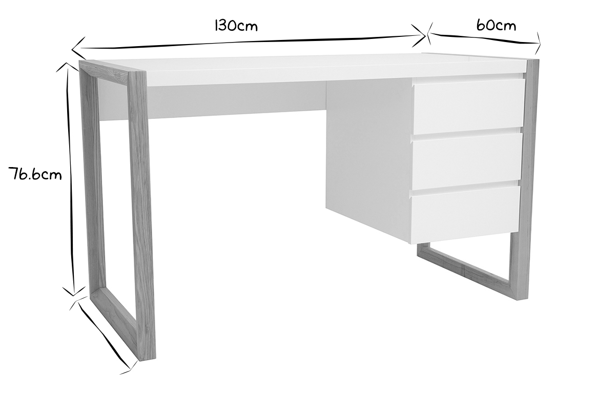 Bureau avec rangements 3 tiroirs scandinave blanc mat et bois clair fr�ne massif L130 cm ARMEL