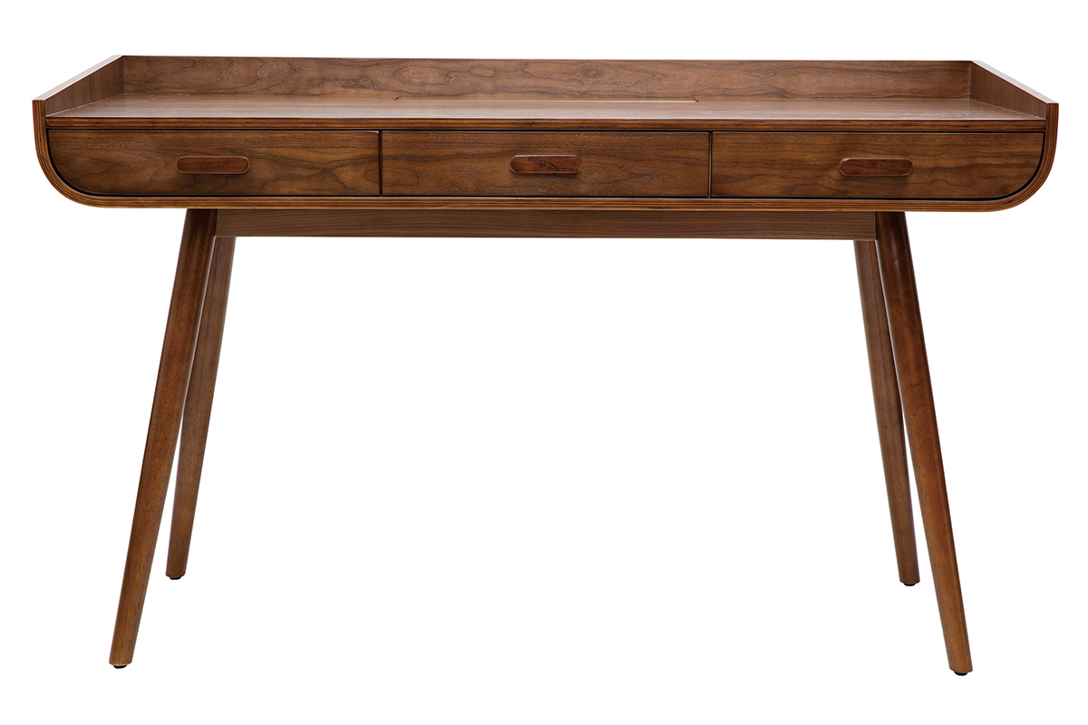 Bureau avec rangements 3 tiroirs vintage bois fonc� noyer L132 cm HALLEN