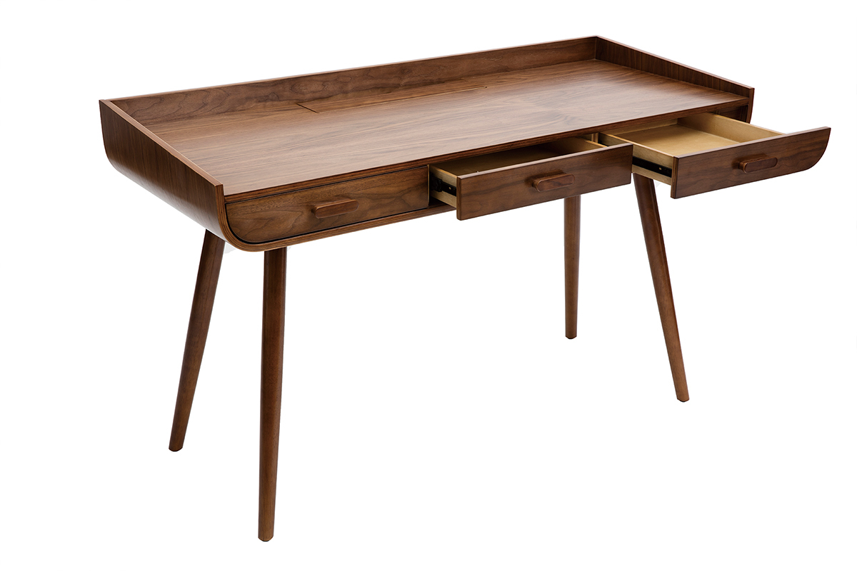 Bureau avec rangements 3 tiroirs vintage bois fonc� noyer L132 cm HALLEN