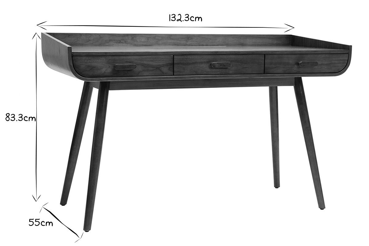 Bureau avec rangements 3 tiroirs vintage bois fonc� noyer L132 cm HALLEN