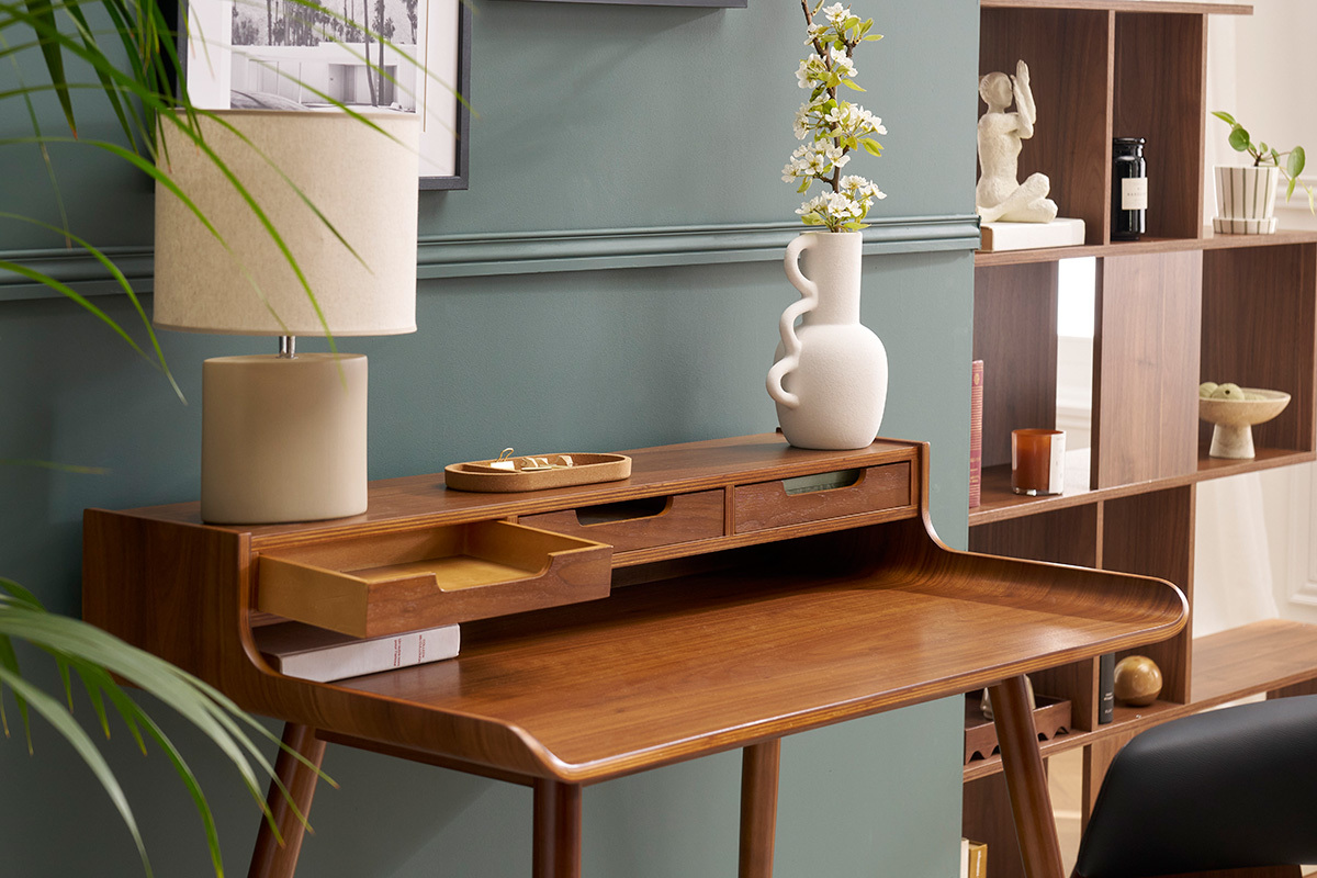 Bureau avec rangements vintage bois fonc� noyer L110 cm OPUS
