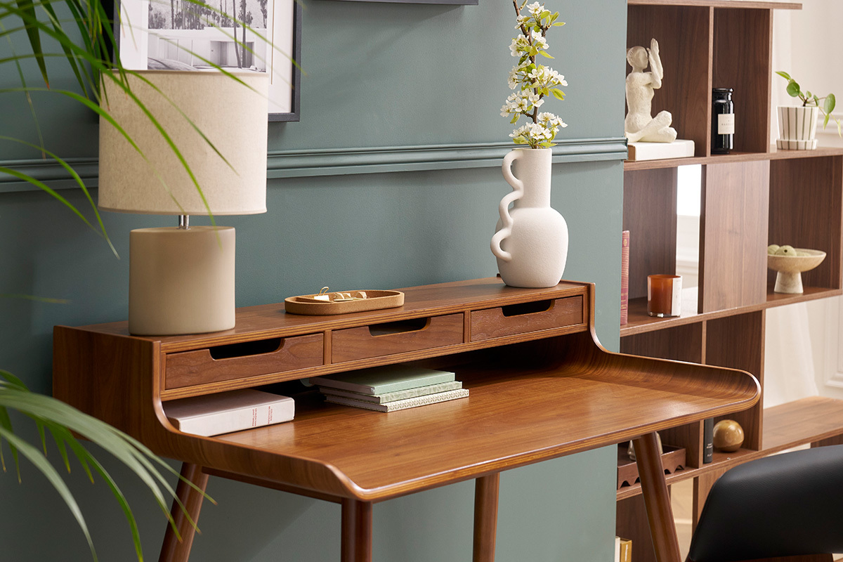 Bureau avec rangements vintage bois fonc� noyer L110 cm OPUS
