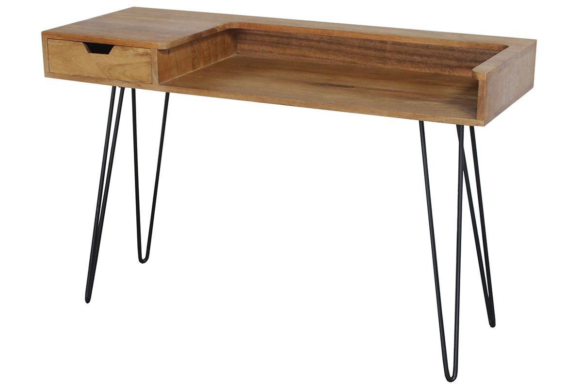 Bureau avec tiroir bois manguier massif et m�tal noir L116 cm VIBES