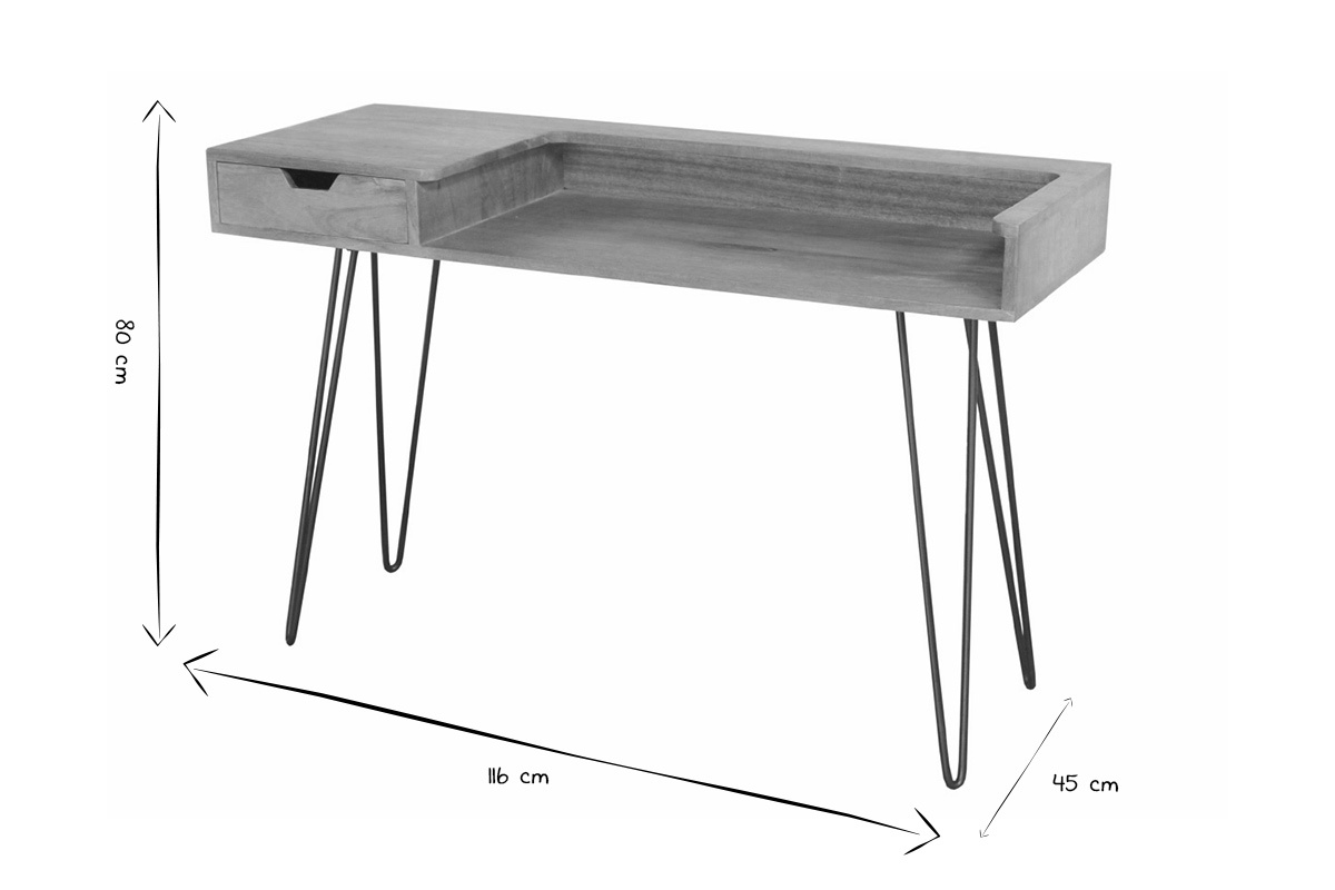 Bureau avec tiroir bois manguier massif et m�tal noir L116 cm VIBES
