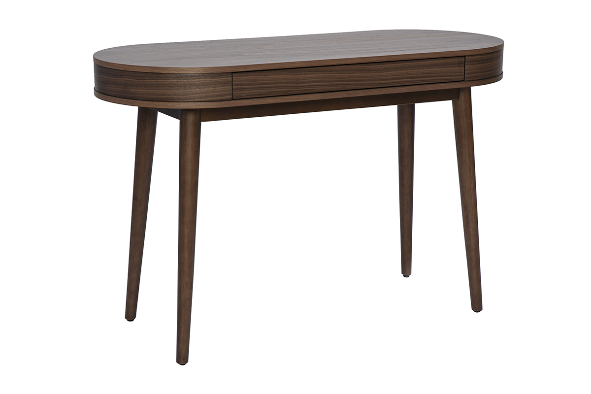 Bureau en bois fonc� avec tiroir, plateau ovale et pieds fusel�s, vue 3/4.