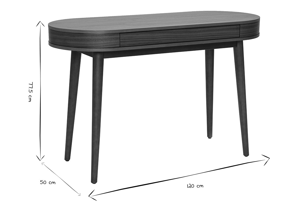 Bureau avec tiroir en bois fonc�, dimensions L120 x P50 x H77,5 cm, en noir et blanc.