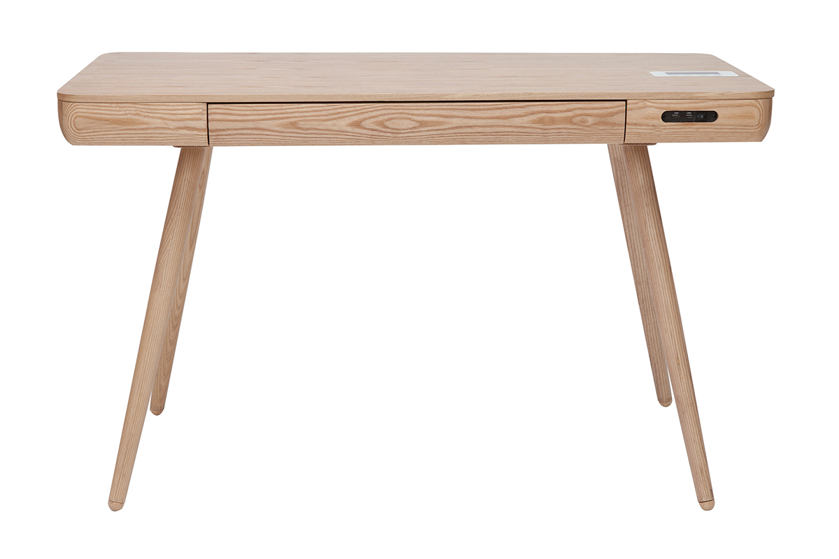 Bureau connect� multim�dia  avec tiroir bois clair massif L120 cm CLEVER