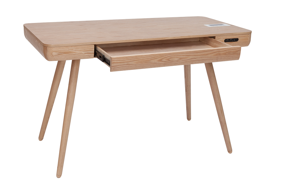 Bureau connect� multim�dia  avec tiroir bois clair massif L120 cm CLEVER