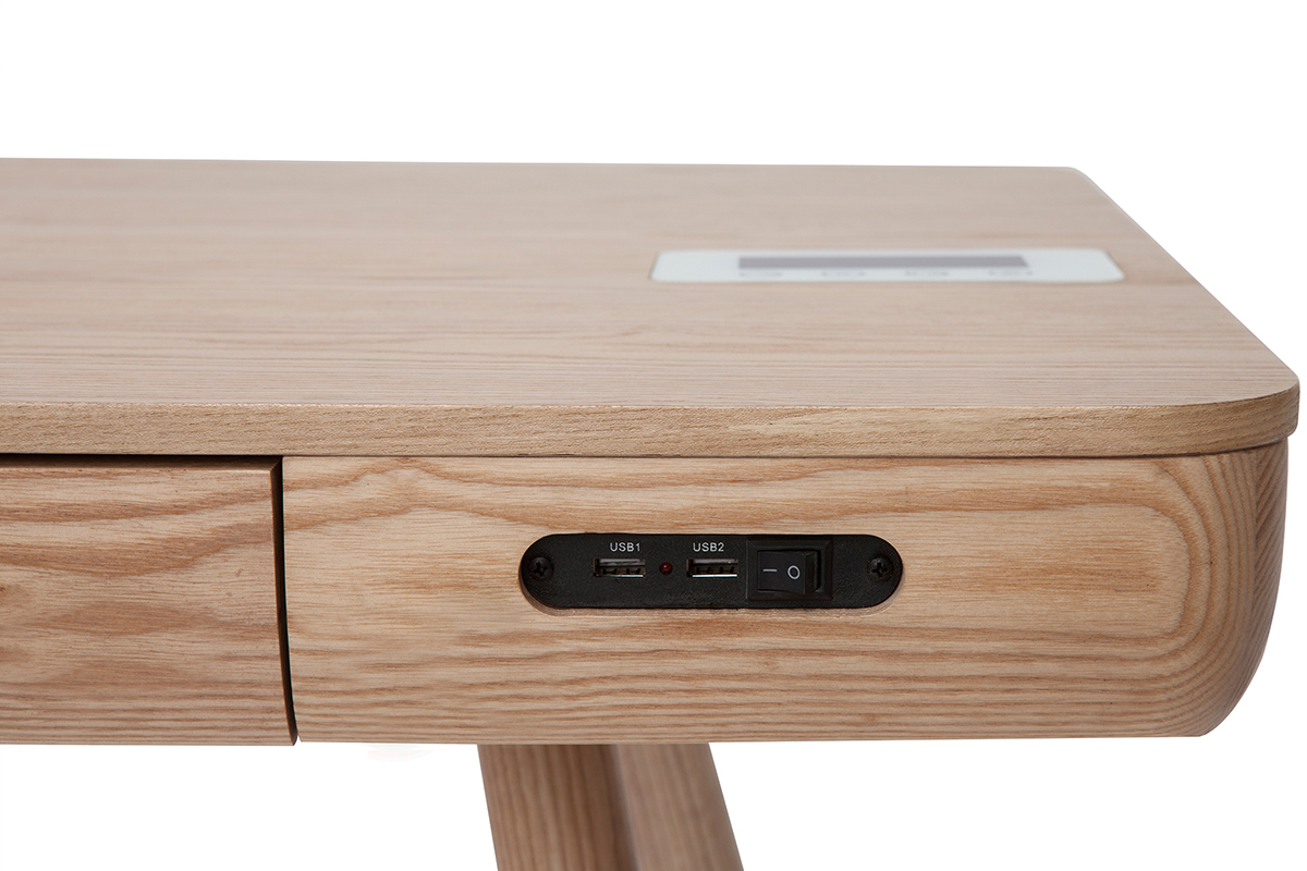 Bureau connect� multim�dia  avec tiroir bois clair massif L120 cm CLEVER