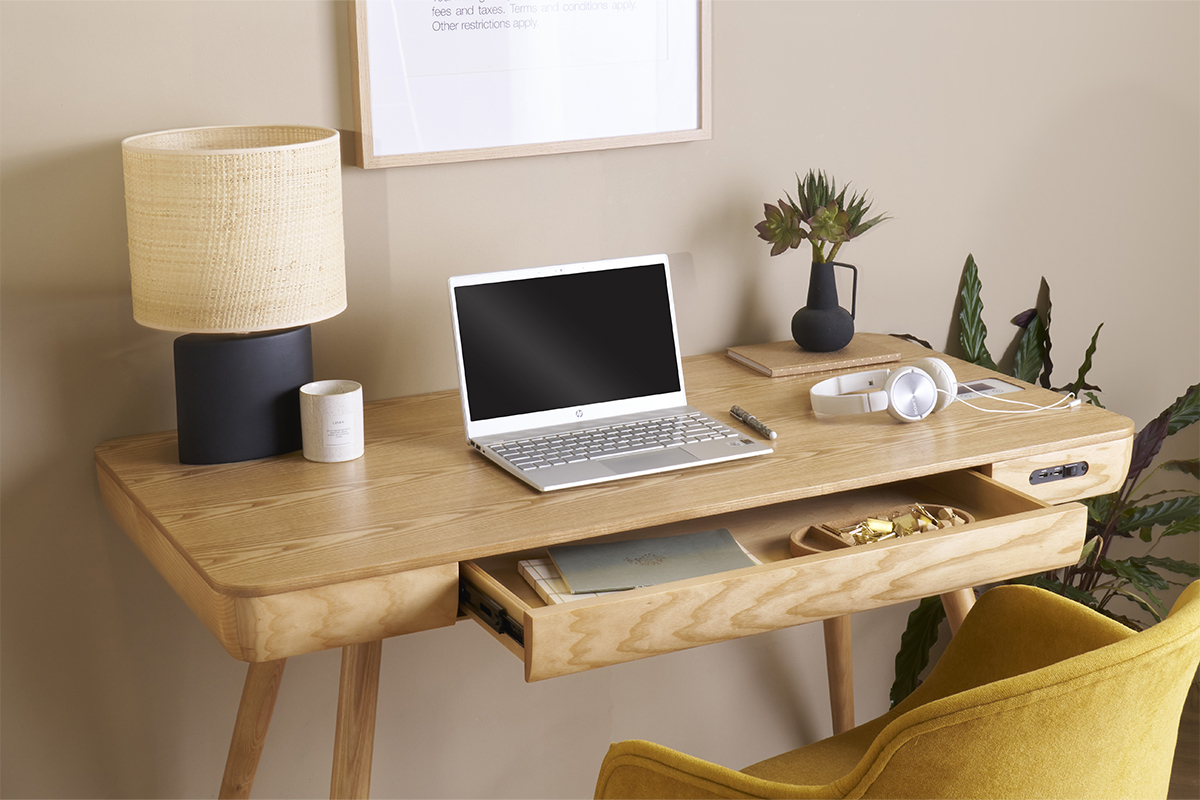 Bureau connect� multim�dia  avec tiroir bois clair massif L120 cm CLEVER
