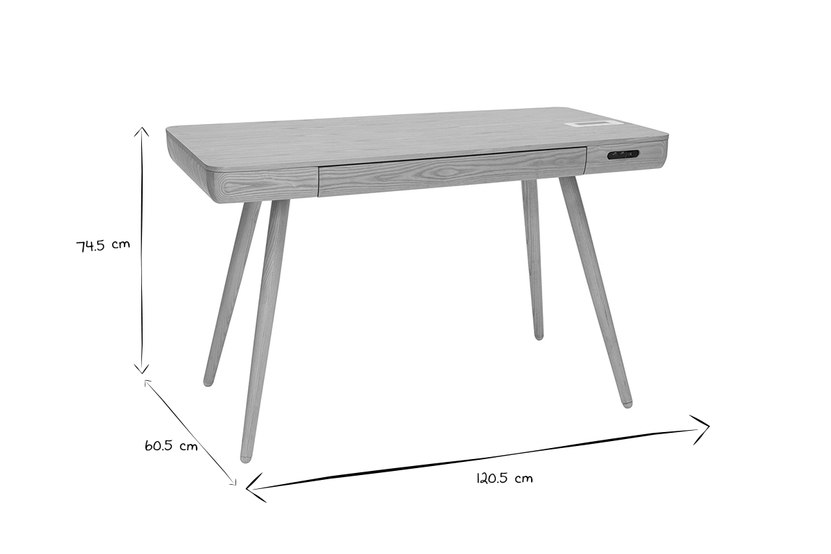 Bureau connect� multim�dia  avec tiroir bois clair massif L120 cm CLEVER