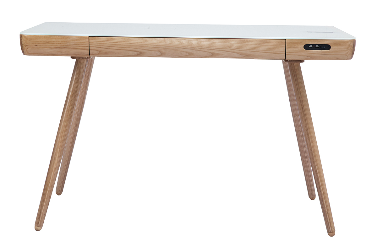 Bureau connect� multim�dia avec tiroir en verre et bois clair L120 cm CLEVER