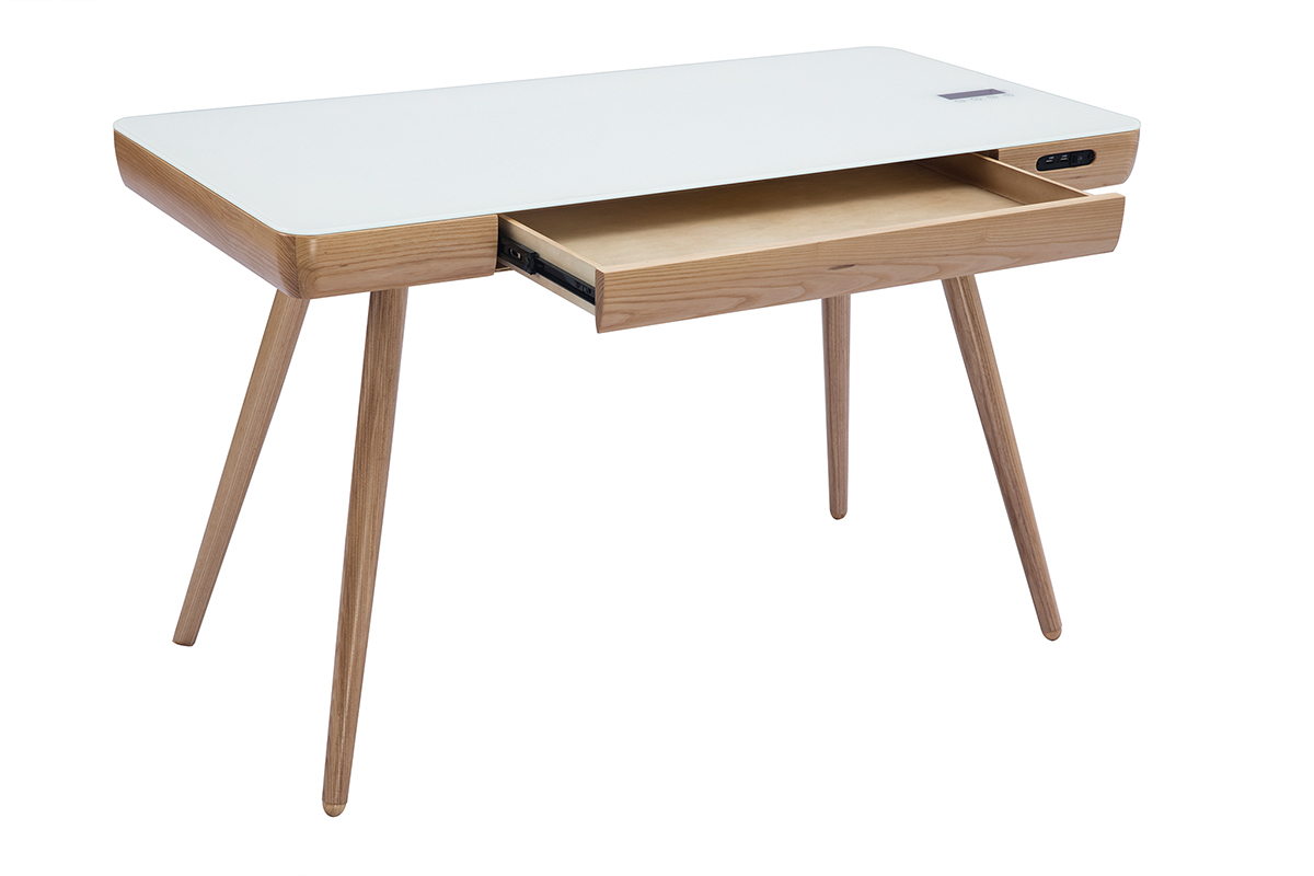 Bureau connect� multim�dia avec tiroir en verre et bois clair L120 cm CLEVER