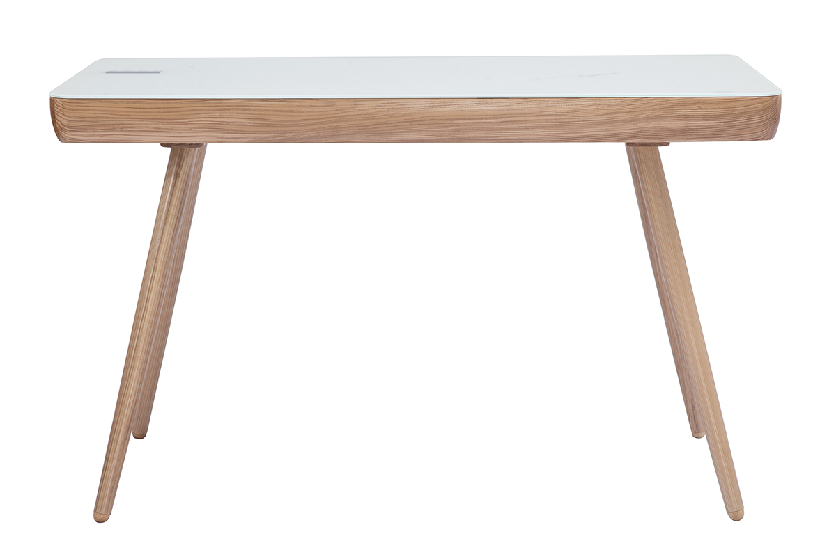 Bureau connect� multim�dia avec tiroir en verre et bois clair L120 cm CLEVER