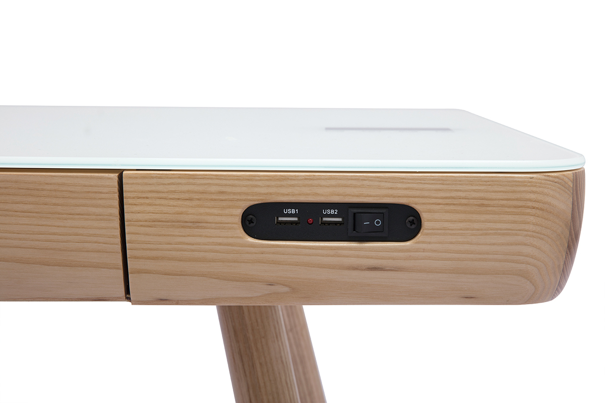 Bureau connect� multim�dia avec tiroir en verre et bois clair L120 cm CLEVER