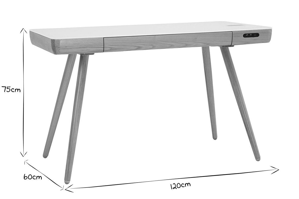 Bureau connect� multim�dia avec tiroir en verre et bois clair L120 cm CLEVER
