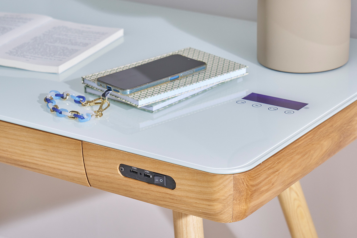 Bureau connect� multim�dia avec tiroir en verre et bois clair L120 cm CLEVER