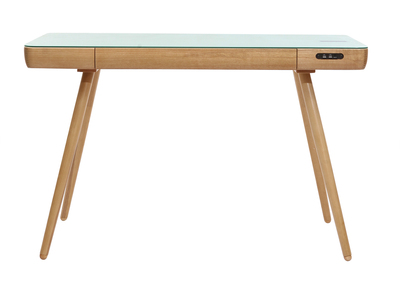 Bureau connect&eacute; multim&eacute;dia avec tiroir en verre et bois clair L120 cm CLEVER