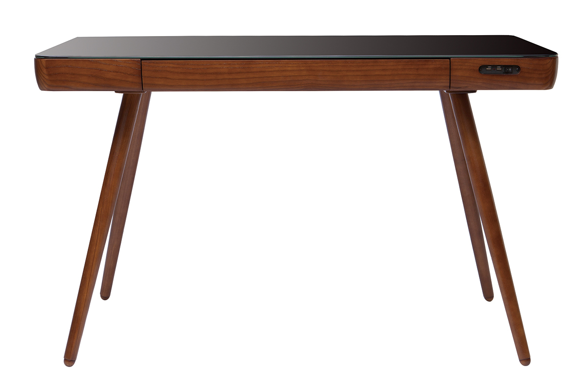 Bureau connect� multim�dia avec tiroir en verre noir et bois fonc� noyer L120 cm CLEVER