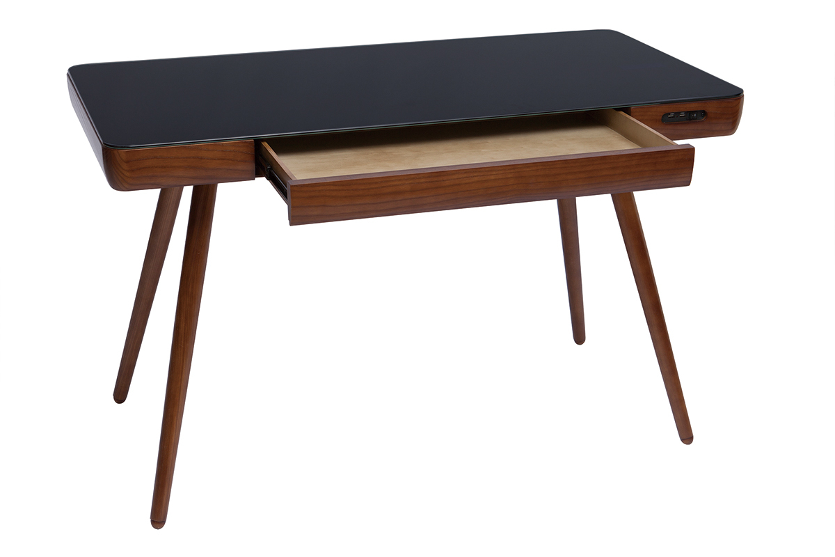 Bureau connect� multim�dia avec tiroir en verre noir et bois fonc� noyer L120 cm CLEVER