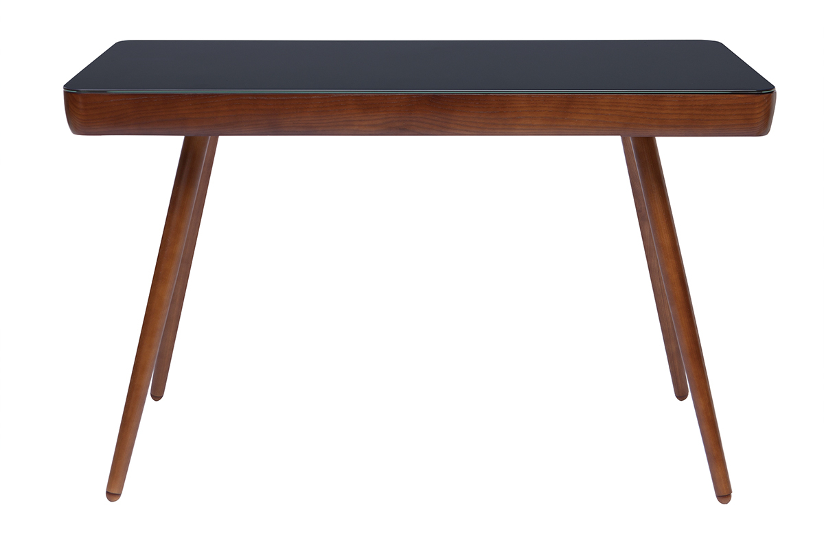 Bureau connect� multim�dia avec tiroir en verre noir et bois fonc� noyer L120 cm CLEVER