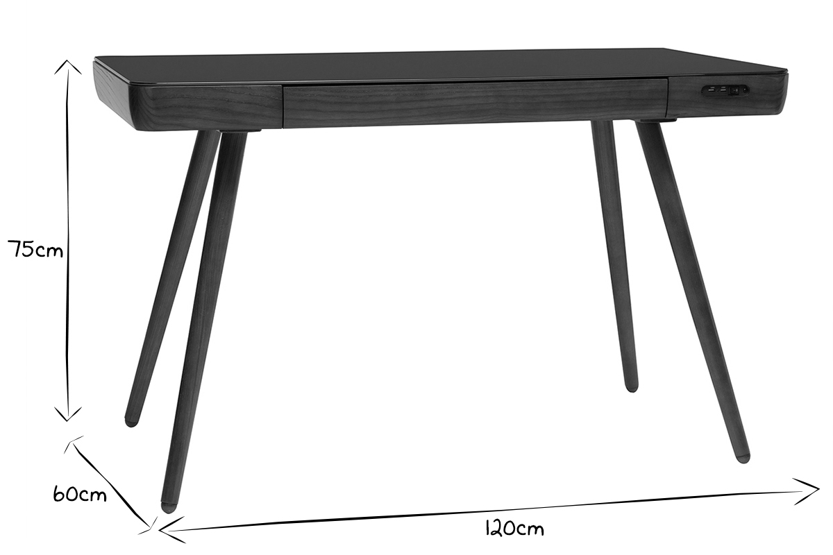 Bureau connect� multim�dia avec tiroir en verre noir et bois fonc� noyer L120 cm CLEVER