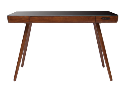 Bureau connect&eacute; multim&eacute;dia avec tiroir en verre noir et bois fonc&eacute; noyer L120 cm CLEVER