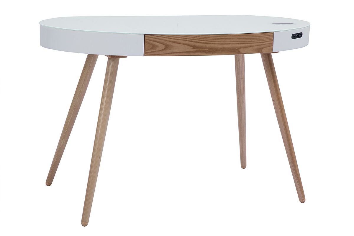 Bureau connect� multim�dia verre blanc et bois clair L120 cm HANDY