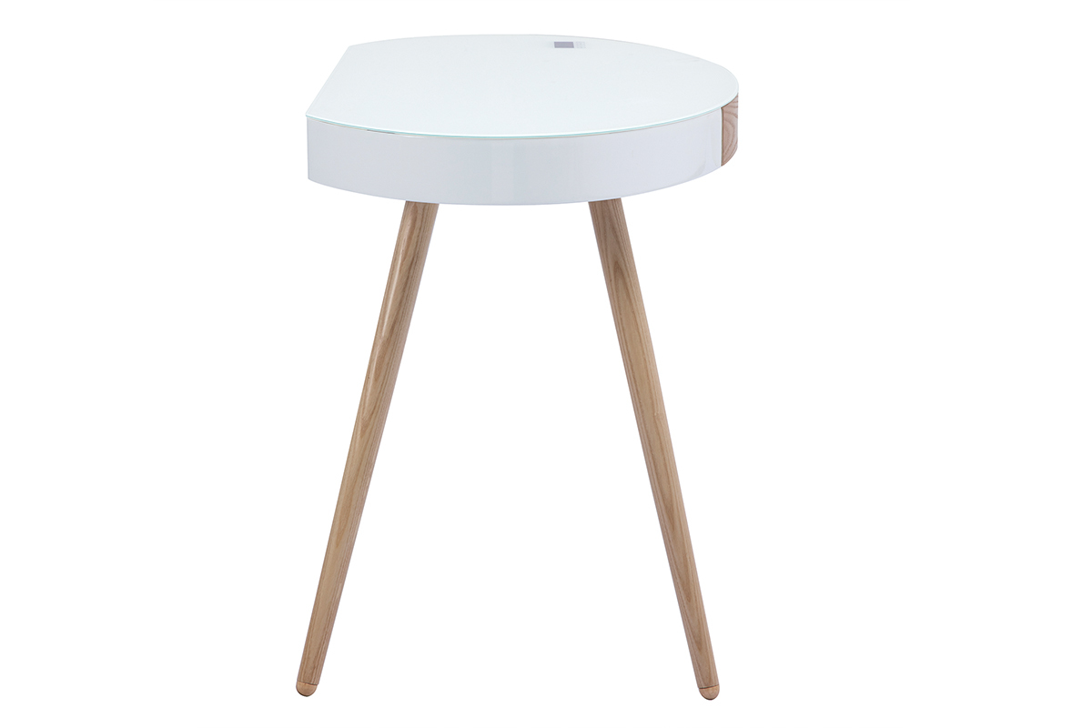 Bureau connect� multim�dia verre blanc et bois clair L120 cm HANDY