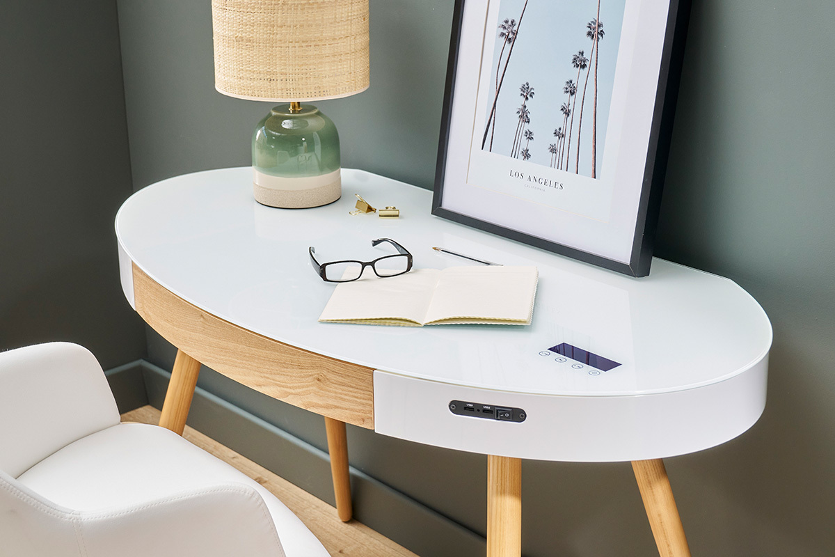Bureau connect� multim�dia verre blanc et bois clair L120 cm HANDY