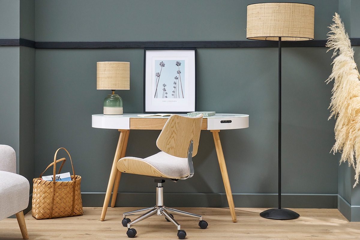 Bureau connect� multim�dia verre blanc et bois clair L120 cm HANDY