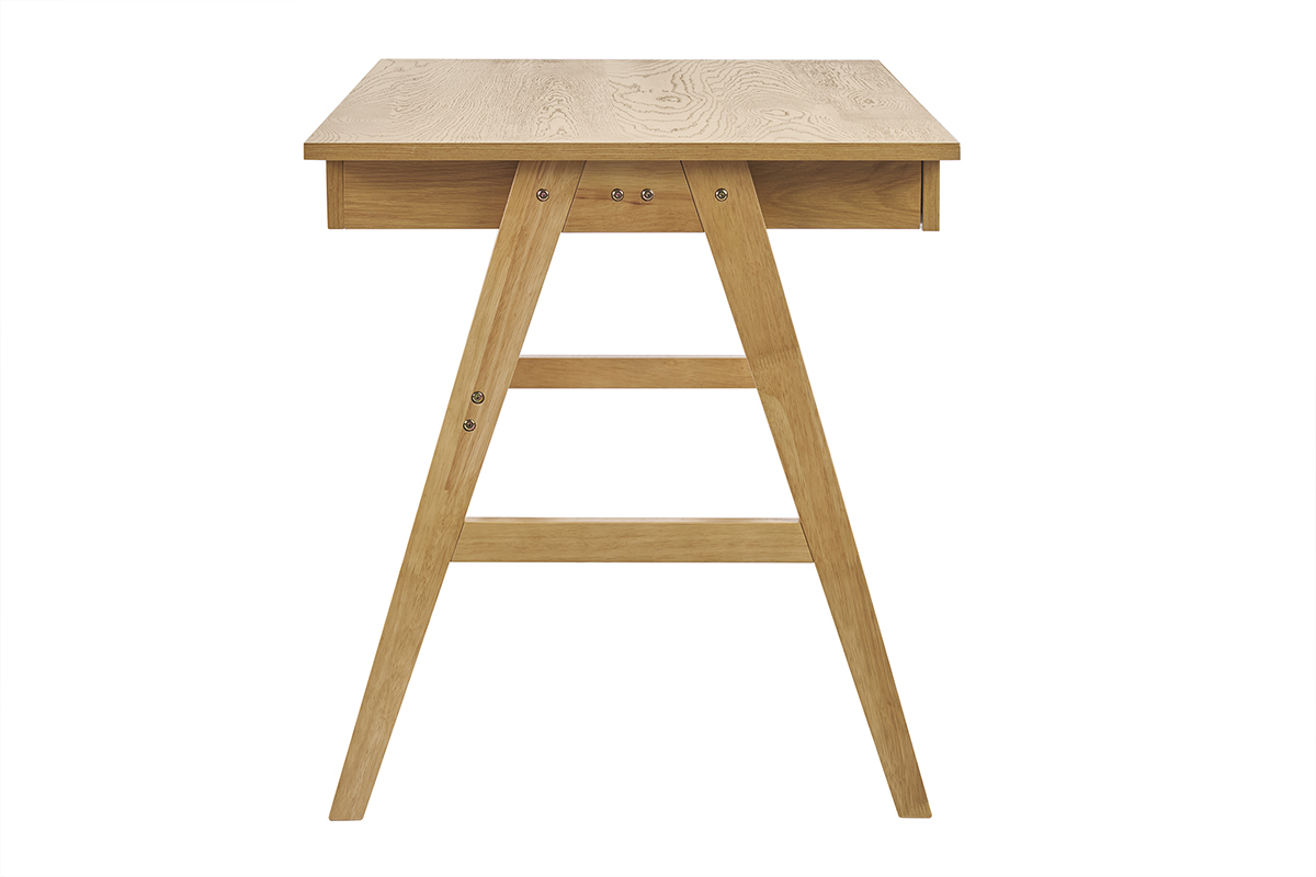 Bureau en bois clair h�v�a avec pieds tr�teaux et 2 tiroirs de rangement, dimensions L120 cm, style �pur�.