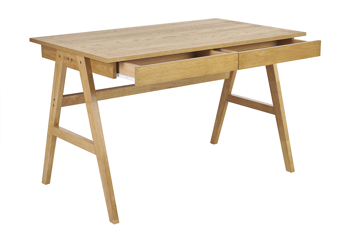 Bureau design en bois clair h�v�a avec 2 tiroirs, pieds en tr�teaux, L120 cm.