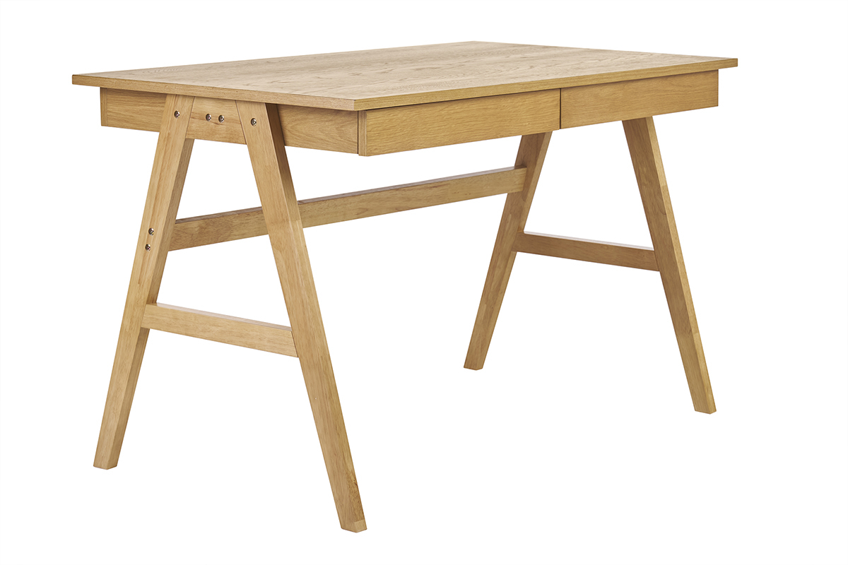 Bureau en bois clair h�v�a avec 2 tiroirs et pieds en tr�teaux, L120 cm