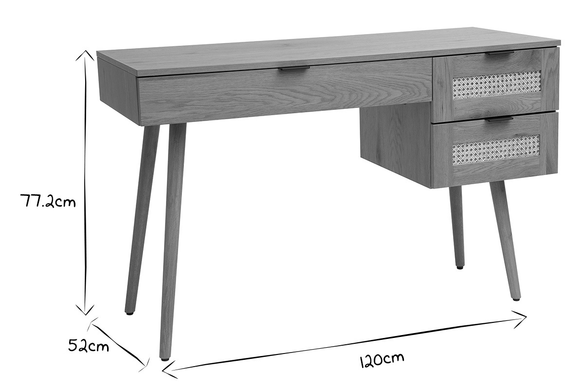 Bureau finition bois clair, cannage rotin et m�tal noir 3 tiroirs L120 cm MANILLE