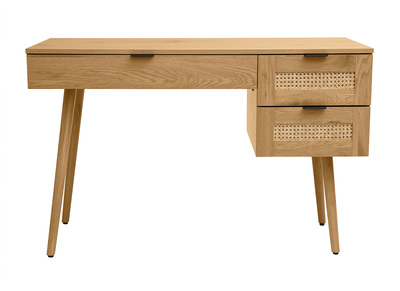 Bureau finition bois clair, cannage rotin et m&eacute;tal noir 3 tiroirs L120 cm MANILLE