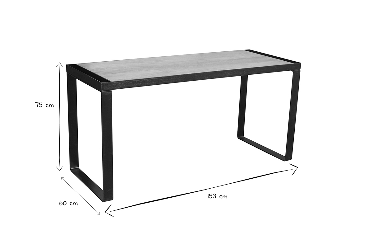 Bureau industriel bois manguier massif et m�tal noir L153 cm INDUSTRIA