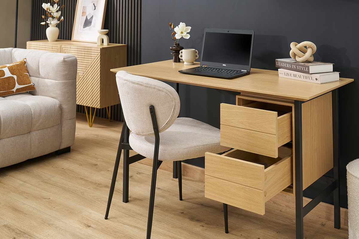 Bureau industriel finition bois ch�ne et m�tal noir avec rangements 2 tiroirs L120 cm MAXENCE