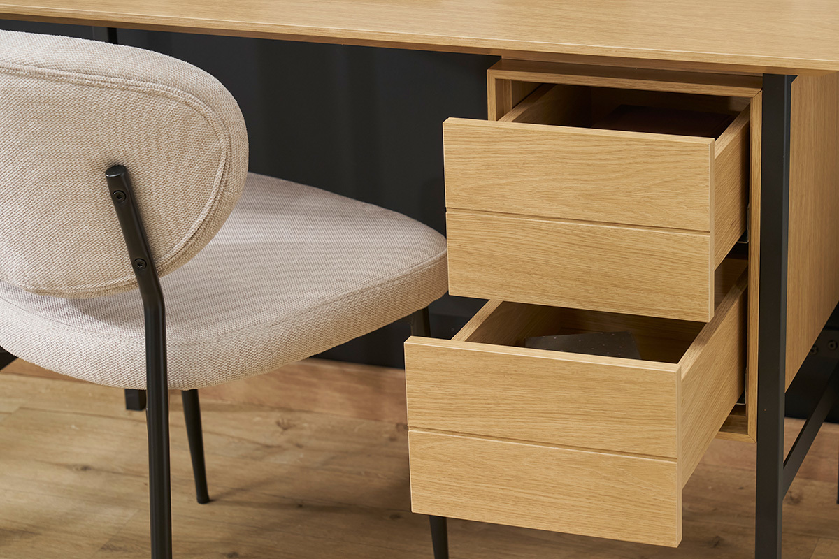 Bureau industriel finition bois ch�ne et m�tal noir avec rangements 2 tiroirs L120 cm MAXENCE