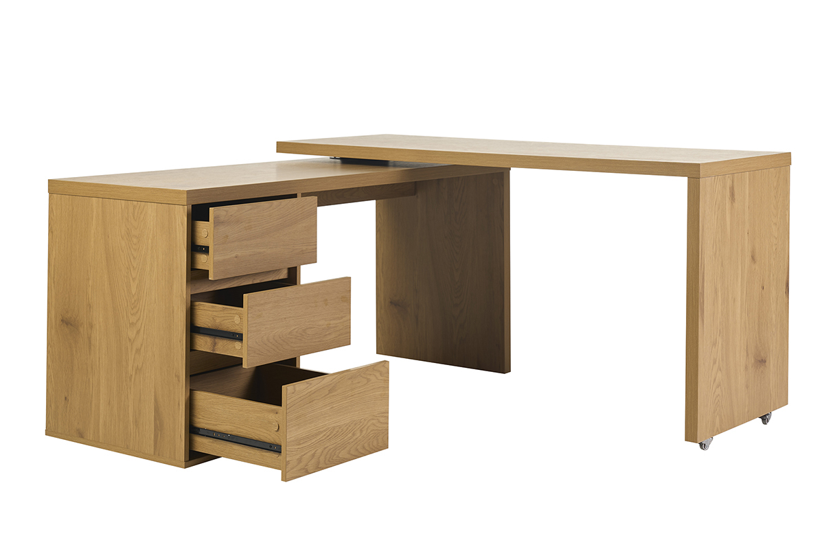 Bureau modulable avec rangements en bois clair, extension d�ploy�e, trois tiroirs visibles.