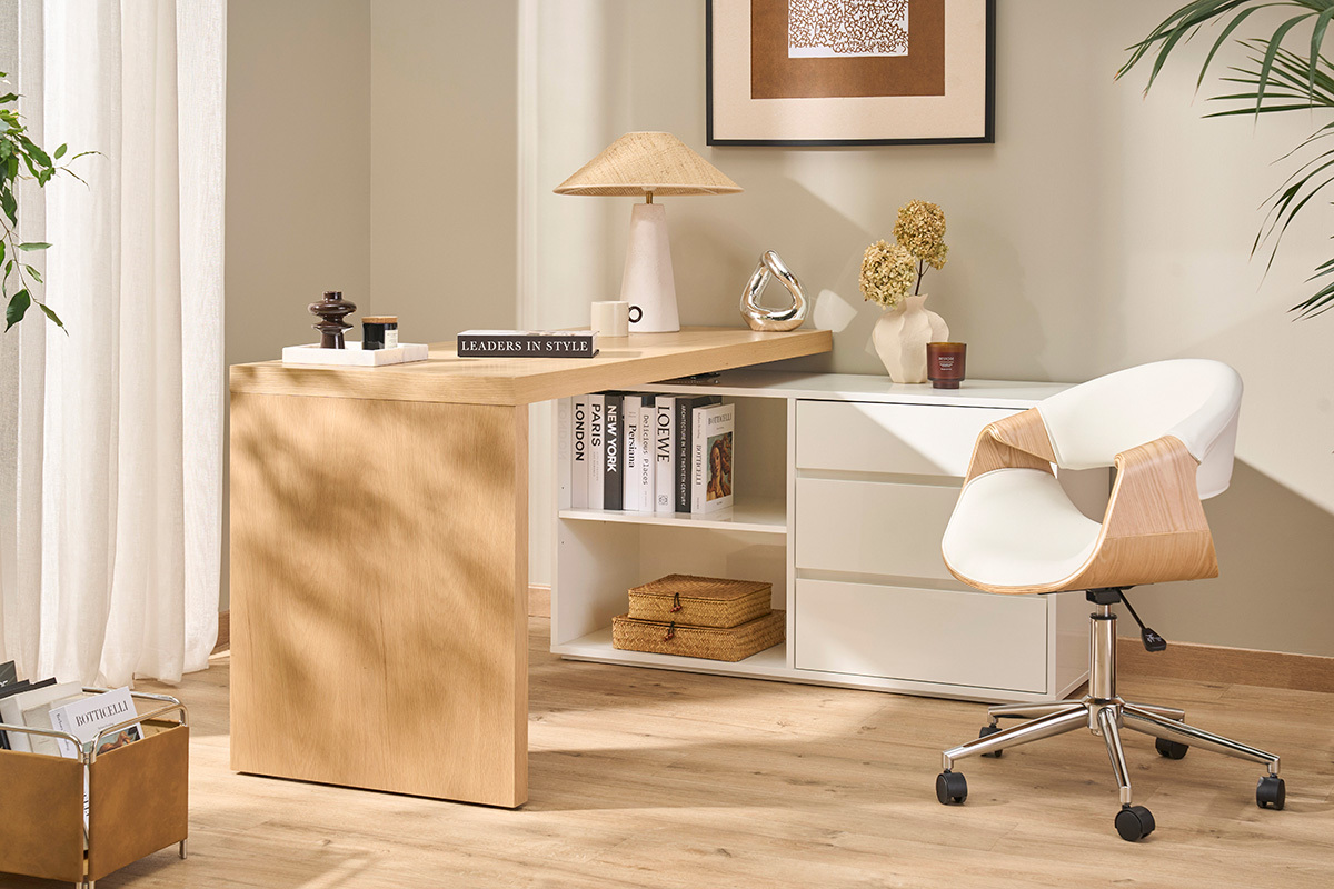 Bureau modulable design blanc brillant et bois clair fr�ne L160-235 cm NEW MAX