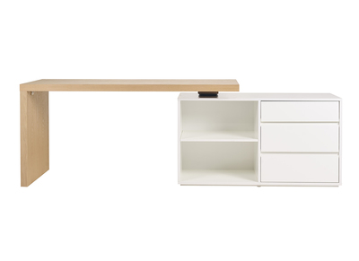 Bureau modulable design blanc brillant et bois clair fr&ecirc;ne L160-235 cm NEW MAX