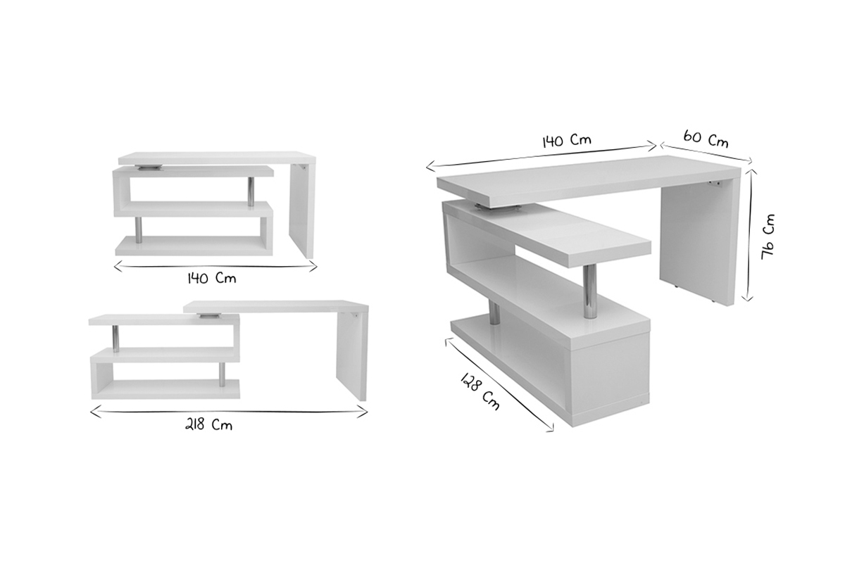 Bureau modulable design blanc laqu� L140-218 cm MAX